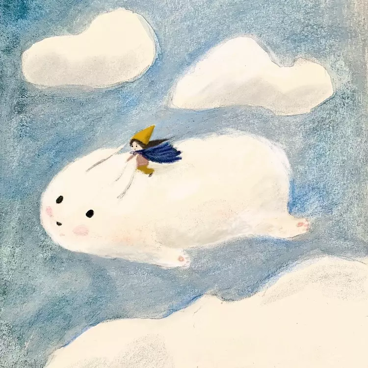 an illustration of a tiny pixie riding on a cloud creature through a blue sky. The image is drawn using gouache, coloured pencil and procreate  